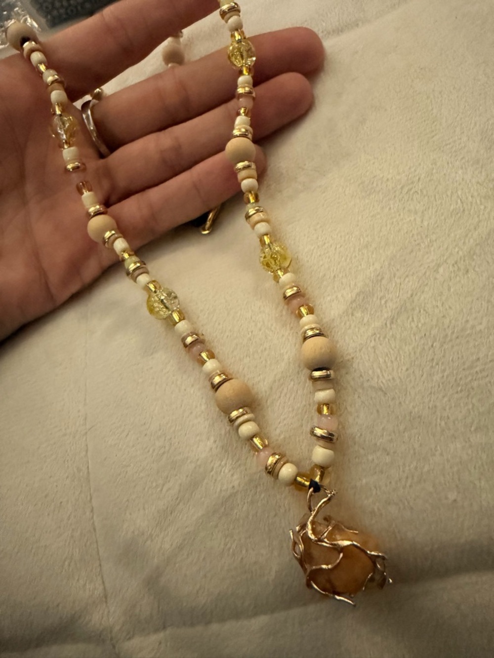 Handmade Cream and Gold Beaded with a Lucky Rock Pendant Necklace